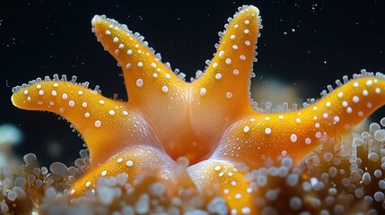 Close-up of a vibrant orange-yellow sea creature with dotted appendages