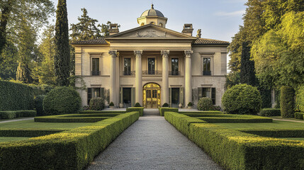 Fototapeta premium Elegant Palladian villa with Corinthian columns and manicured gardens