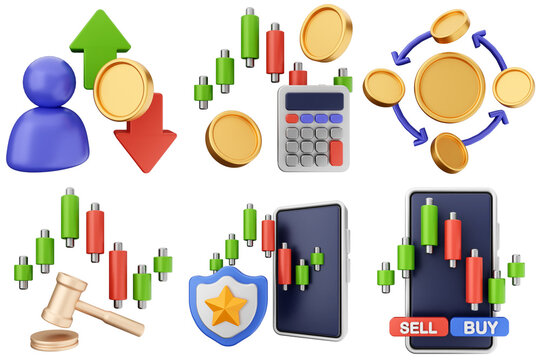 3d trading money transaction finance currency icon set bundle illustration