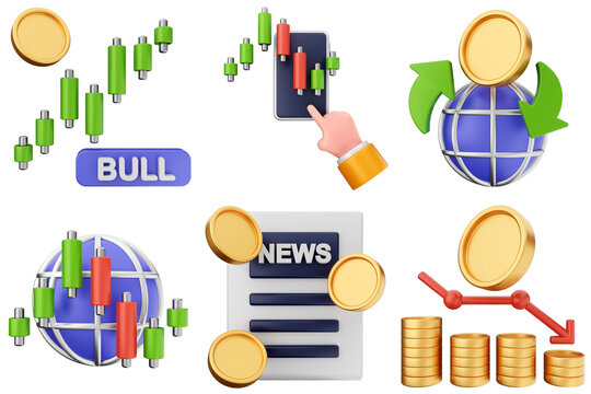 3d trading money transaction finance currency icon set bundle illustration