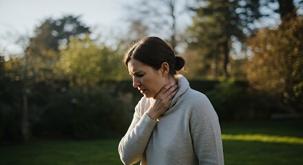 Woman Experiencing Sore Throat Outdoors in Park During Sunny Day