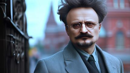 AI-generated facial reconstruction of Leon Trotsky in Moscow, based on historical imagery.  
