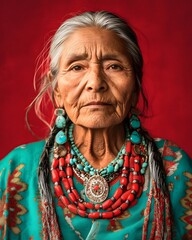 Elderly Indigenous woman showcasing traditional jewelry against a vibrant red background