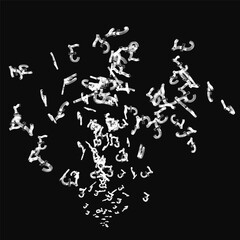 A black and white image of letters and numbers in a white background. Concept of chaos and disorder, with the letters and numbers scattered all over the page. Scene is one of confusion and disarray
