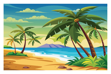 Island Paradise Illustration: Depicts a serene tropical beach with palm trees swaying in the breeze, inviting viewers to escape to a world of relaxation and natural beauty.