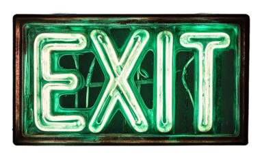 Neon illuminated sign EXIT in bright colors on a transparent background for nightlife, urban design and signage concepts