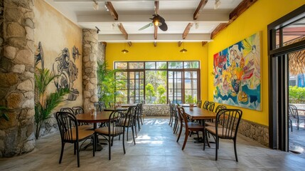 Naklejka premium Tropical restaurant interior with bright yellow walls and colorful art