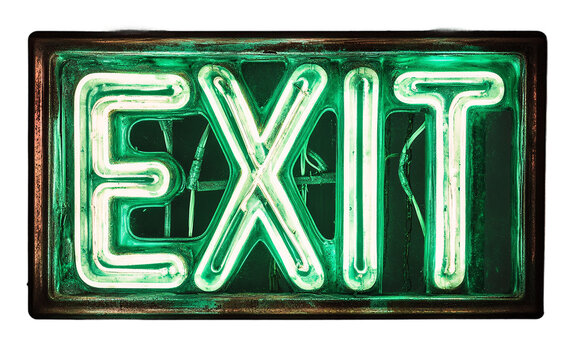 Neon illuminated sign EXIT in bright colors on a transparent background for nightlife, urban design and signage concepts