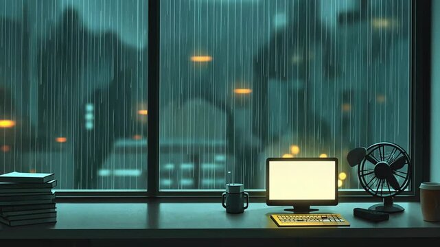 Desk with computer overlooking rainy city through a window