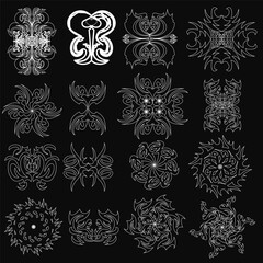 A collection of black and white drawings of various shapes and patterns. The drawings are all stylized and appear to be abstract. The mood of the images is somewhat mysterious and intriguing