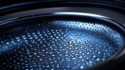 Close-up of water droplets on a dark, metallic surface