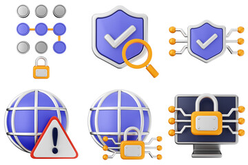 3d cyber security protection shield icon set bundle