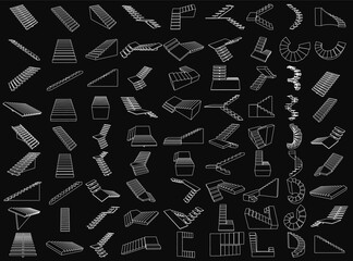 A black and white illustration of stairs and other architectural elements. The image is a collection of various shapes and sizes, with some stairs and others being more abstract. Scene is one of creat