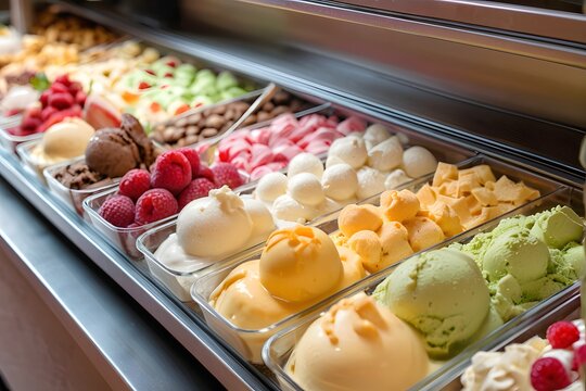 Premium creamy gelato flavors are displayed in a dessert case at a dessert buffet with copy space