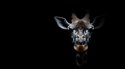 Naklejka premium Close-up giraffe head, dark background, spotlight