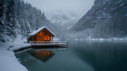 Fototapeta premium Cozy cabin on snowy lake at dusk.