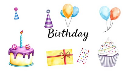 Festive Birthday Party Elements Cake Balloons Gift Cupcakes