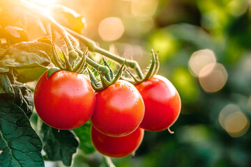 Grappe de tomates mûres sur pied dans le potager