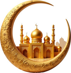 Golden Mosque Inside Crescent Moon, Transparent Background