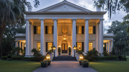Fototapeta premium classic Greek revival home with towering white columns and warm lighting