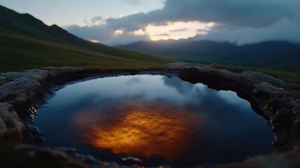 Mountain pond reflecting sunset