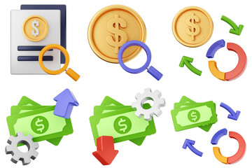 3d money coin dollar transactions icon set bundle