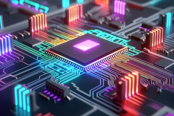 Close-up of a colorful, illuminated circuit board showcasing modern technology.