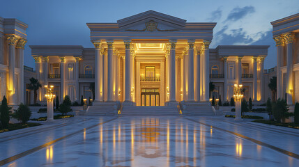 Obraz premium grand Roman inspired palace with illuminated columns at dusk