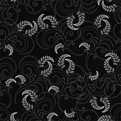 A black and white floral patterned background with white flowers. The flowers are arranged in a spiral pattern and are scattered throughout the background. Scene is elegant and sophisticated
