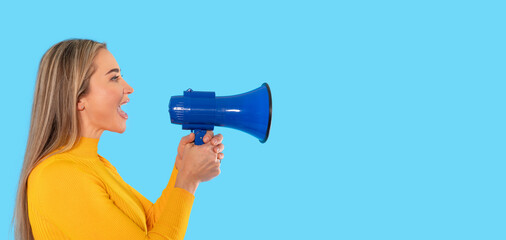 Woman holding a megaphone, enthusiastically expressing ideas against a vibrant blue background...