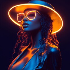 Portrait of female fashion model wearing futuristic hat and glasses glowing neon on dark studio