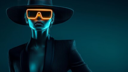 Portrait of female fashion model wearing futuristic hat and glasses glowing neon on dark studio