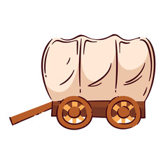 Wild west covered wagon. Wooden cart with tent, wheels for American pioneer and cowboy. Old Western horse carriage mascot, vintage wagon for road travel cartoon vector illustration