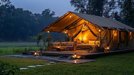 Luxurious glamping tent at night in a tranquil field.