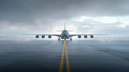 Massive commercial airliner taking off during stormy weather conditions on the airport runway navigating through cloudy skies and turbulent environment as it begins its journey