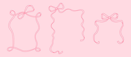 Valentines day elegant greeting cards template. Cute line art hand drawn bow ribbon heart frame. Romantic love drawing. Coquette, flirtation, girly concept. Menu, wedding, Birthday invitation design