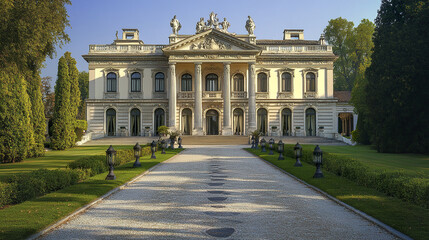 Obraz premium grand Palladian mansion with marble colonnades and statues