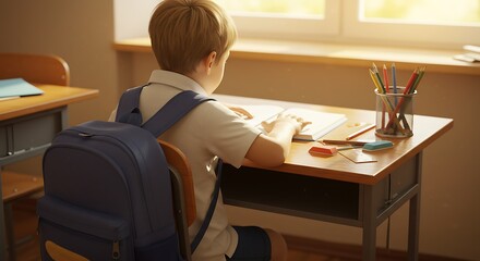 Young Boy Studying at His Desk in a Sunny Classroom