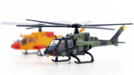 Two toy helicopters, one green and black, other red and yellow, showcasing intricate details and design