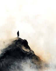 Obraz premium Silhouette Man on Peak Rocky Mountain Top, Dark Grunge Edge, Hazy Sky, Adventure