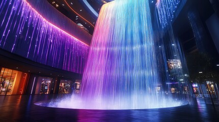 A futuristic indoor waterfall with LED lights changing colors as water descends through the air in a shopping mall.