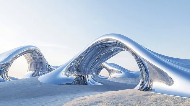 Curves and arches made of shiny metallic materials resemble a strange desert in this futuristic world of wavy, undulating structures.