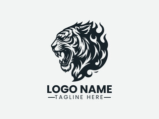 lion head with stylized flame mane. Powerful animal logo