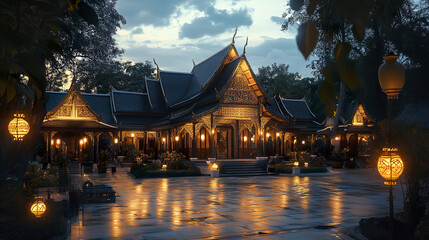 Obraz premium grand Thai Lanna style house with sloping roofs illuminated at dusk