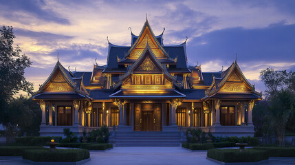 Naklejka premium grand Thai temple inspired house with towering roof at dusk