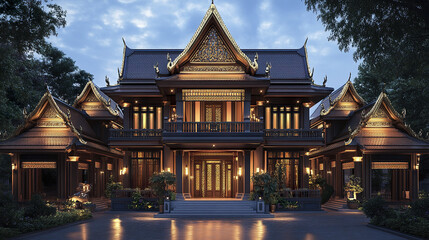 Obraz premium grand Thai temple inspired house with towering roof and ornate details