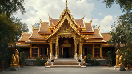 Naklejka premium grand Thai temple style house with gold and red details