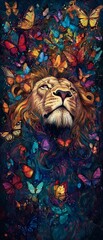 Lion gazes upwards amidst colorful butterfly swarm