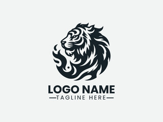 lion head with stylized flame mane. Powerful animal logo