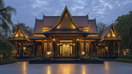 Naklejka premium Traditional Thai residence with decorative gold accents at dusk